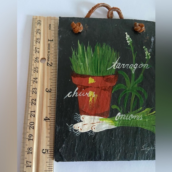 Vintage black slate wall art Herbs Hand Painted plaque set Sigrid Schmidt MCM - Picture 4 of 9